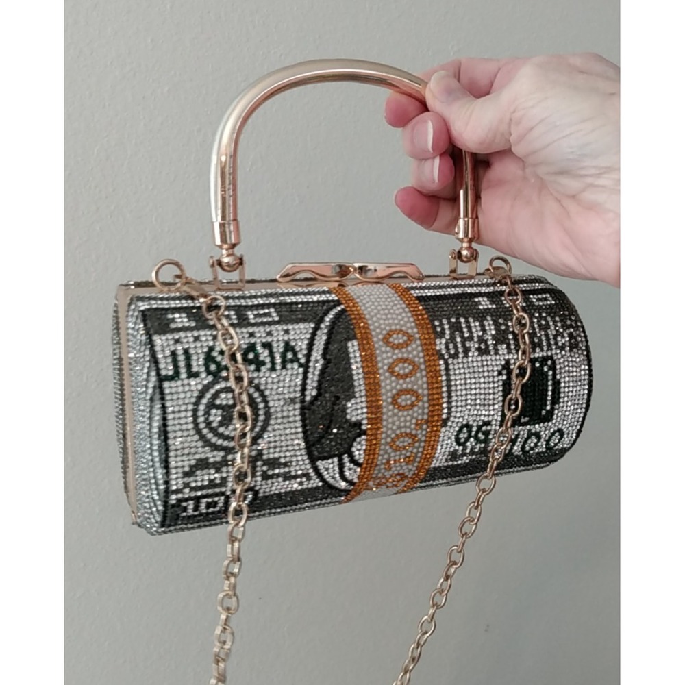 Money Roll Rhinestone Encrusted Crossbody Bag Cylinder Purse Vegas Club Party